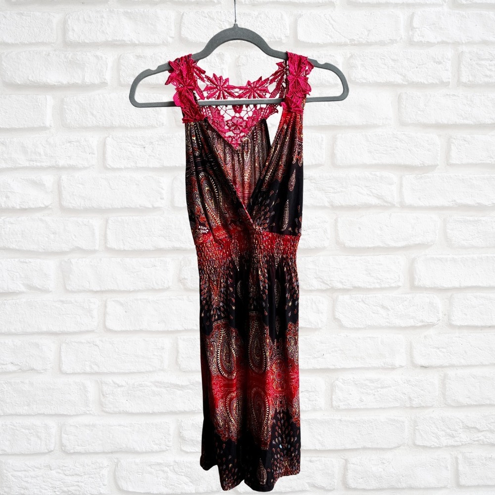 Red Paisley Summer‎ Dress, Lace Detail, Racerback, V-Neck, Size Medium, Casual